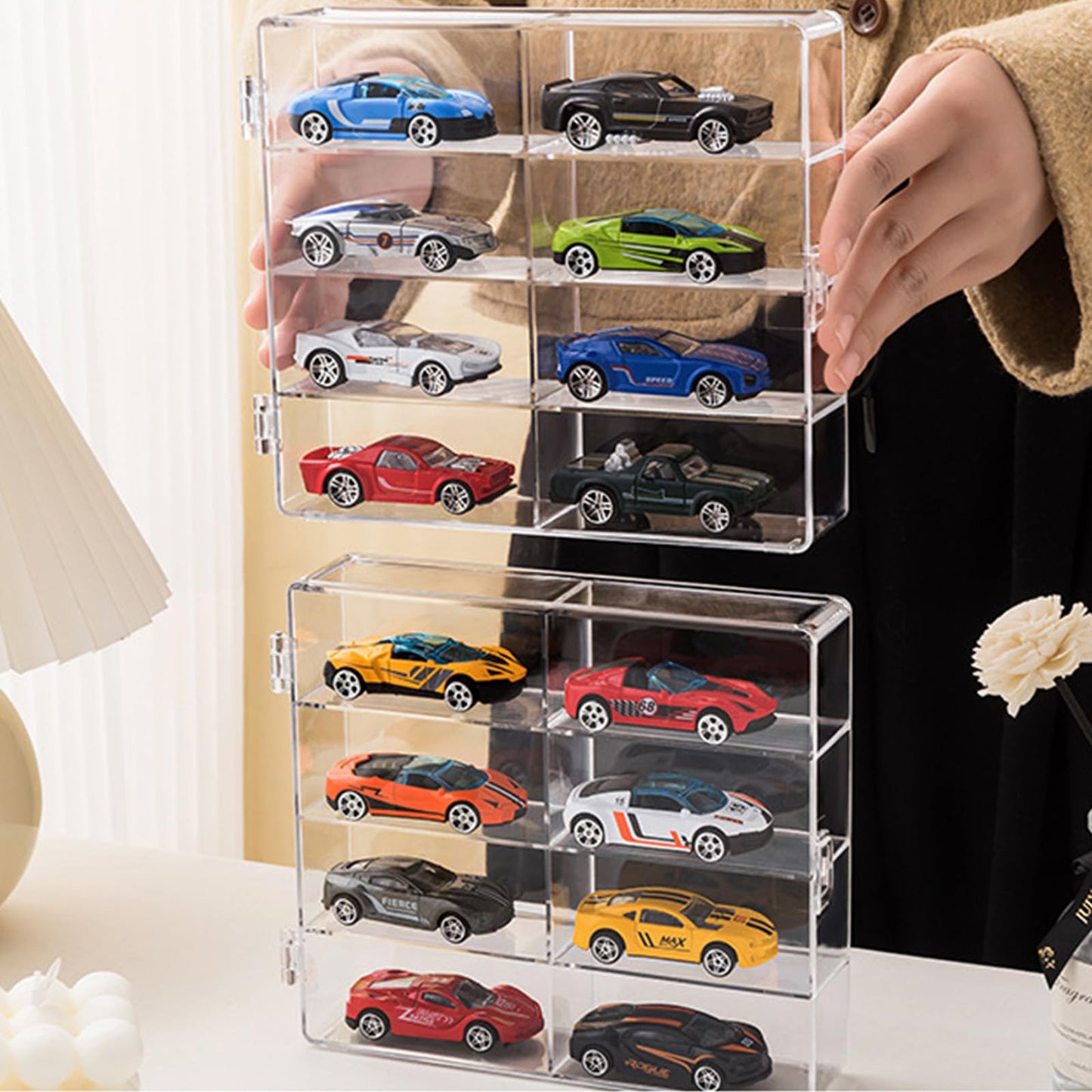 1/64 Scale Matchbox Wheels Toy Car Display Case Holds 32 Toy Cars Storage Organizer, Clear Display Box With Clear Snap-On Dust C