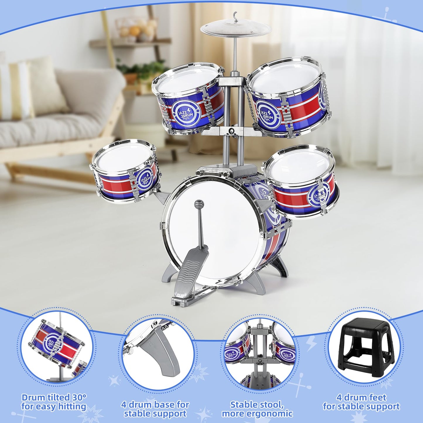 M Sanmersen Drum Set For Toddlers, Kids Drum Set With Stool, Upgraded Plastic Rock Jazz Drum Kit Musical Instruments Toys Gift For 2-8 Years Old Boys Girls
