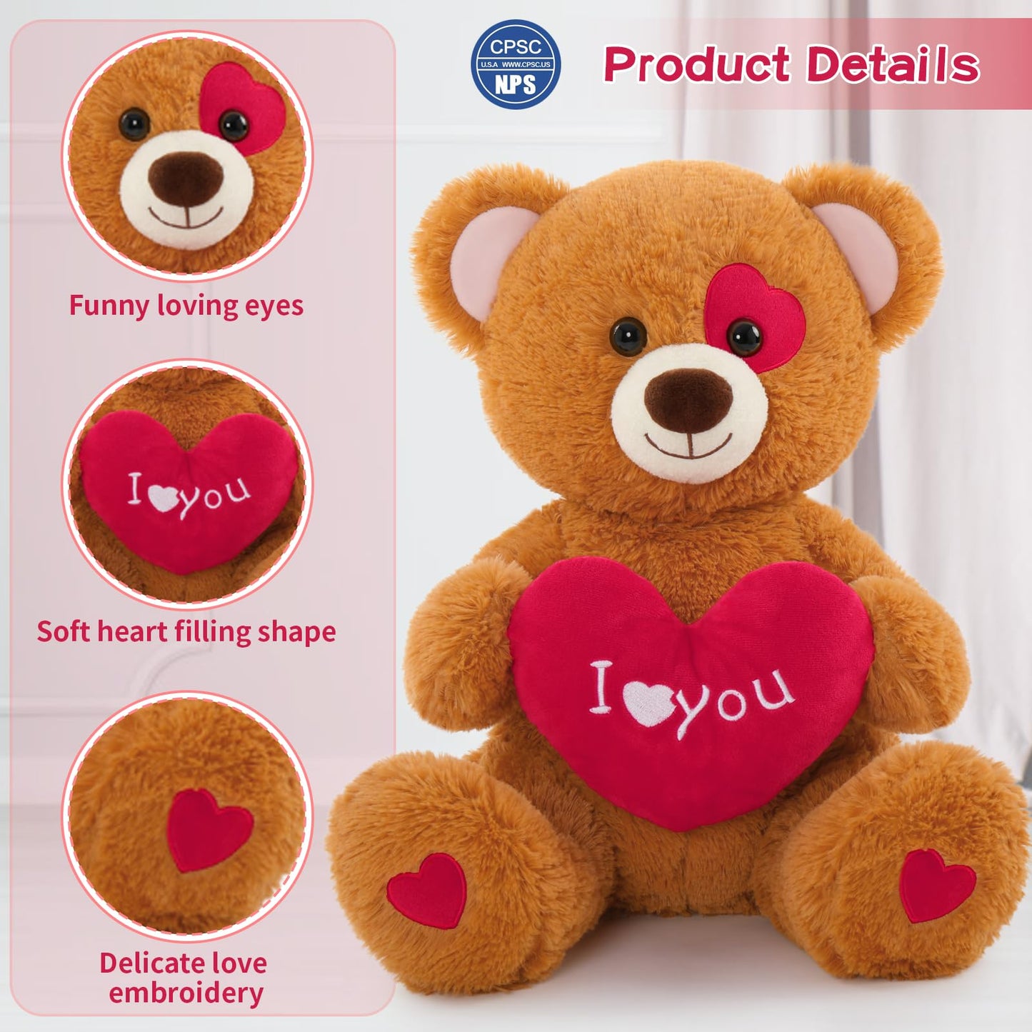 Maogolan Giant Teddy Bear Plush Toy, 51 Large Bear Stuffed Animal With Red Heart Pillow For Special Day Sweet Romantic Anniver