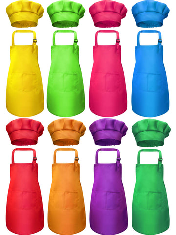 SATINIOR 8 Set Kids Apron and Chef Hat Set Kids Apron with 2 Pockets Adjustable for Boys Girl's Cooking Baking Painting (Multi-C