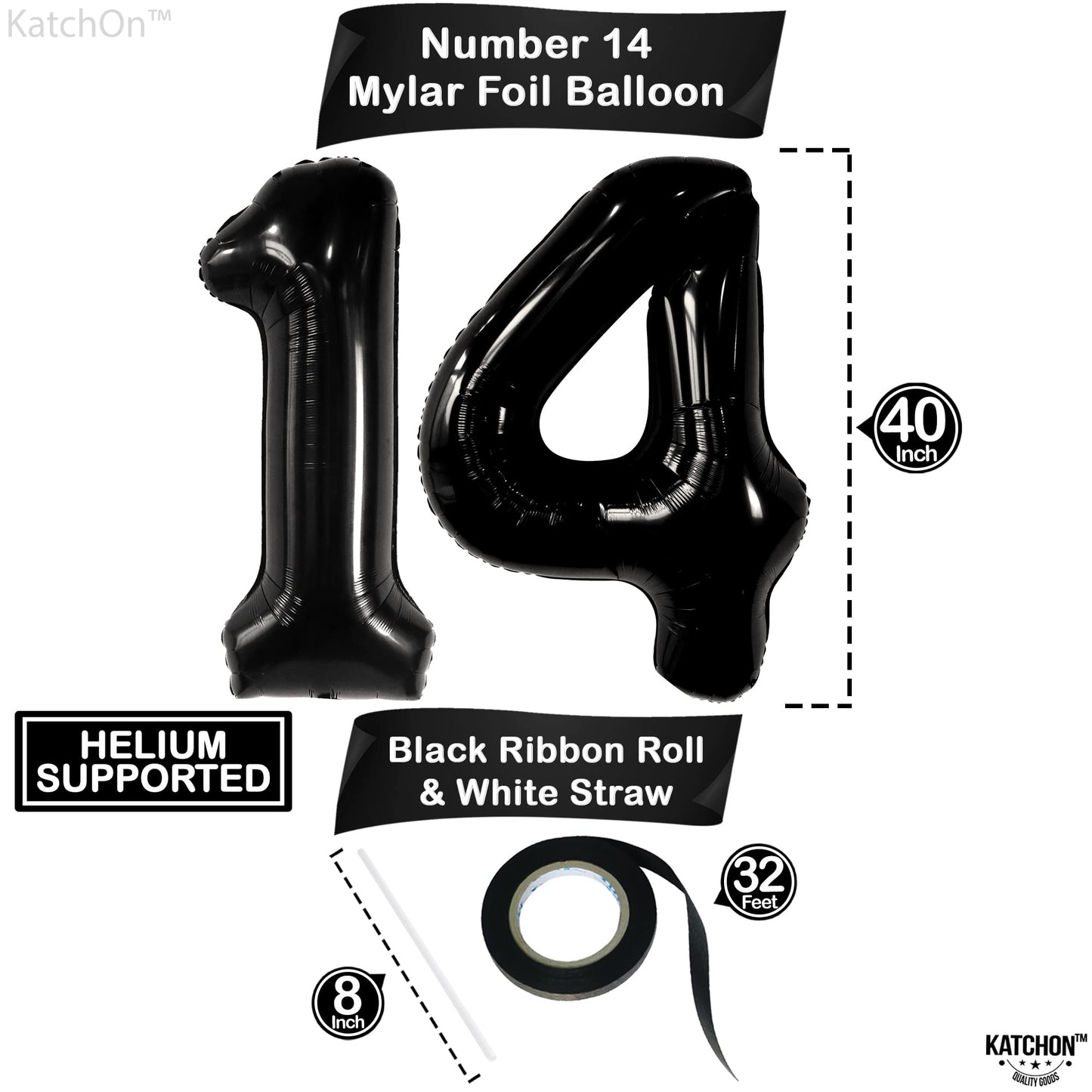 Katchon, Giant Black 14 Balloon Numbers Foil - 40 Inch | 14 Birthday Decorations For Boys | Black 14Th Birthday Balloons For Teen Boy Birthday Decorations 14 | 14Th Birthday Decorations For Boys