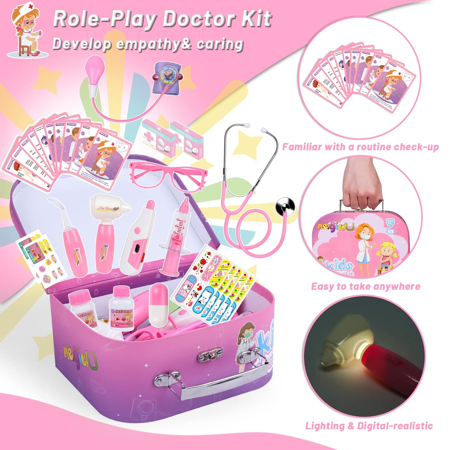 Magic4U Kids Doctor Costume Kit with Real Working Stethoscope and Carry Case, 34 Pieces Pretend-n-Play Realistic Medical Dr Toys