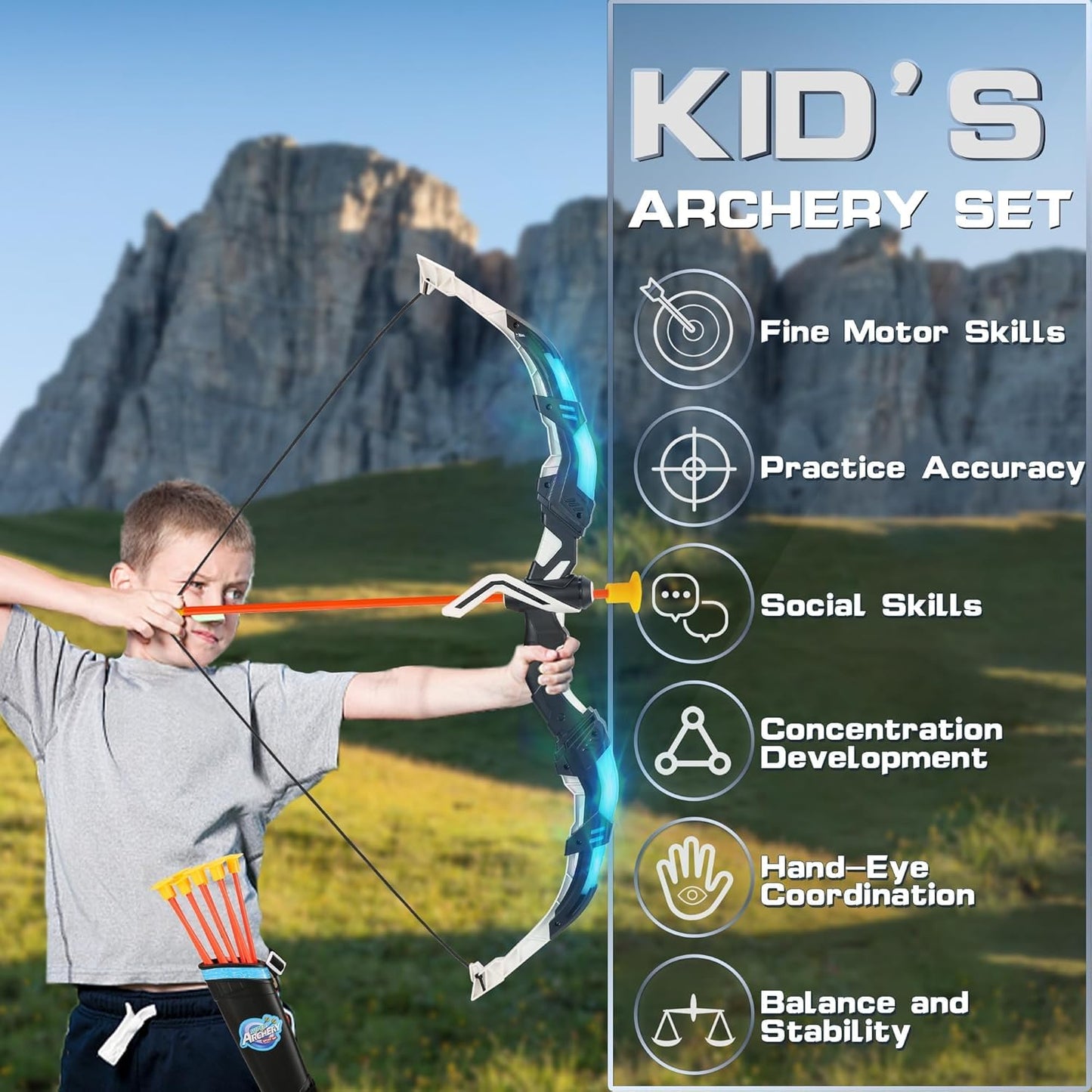 Bow and Arrow Set for Kids 2-Pack LED Light Up Archery Set with 20 Suction Cup Arrows Outdoor Toy for Boy Girl Age 4-8 8-12 with Standing Target&2 Quivers Birthday Gift for Kid 5 6 7 8 9 Year Old