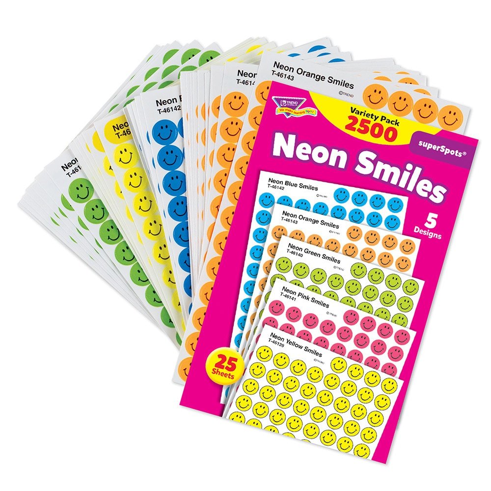 TREND T1942 SuperSpots and SuperShapes Sticker Variety Packs, Neon Smiles, 2,500/Pack