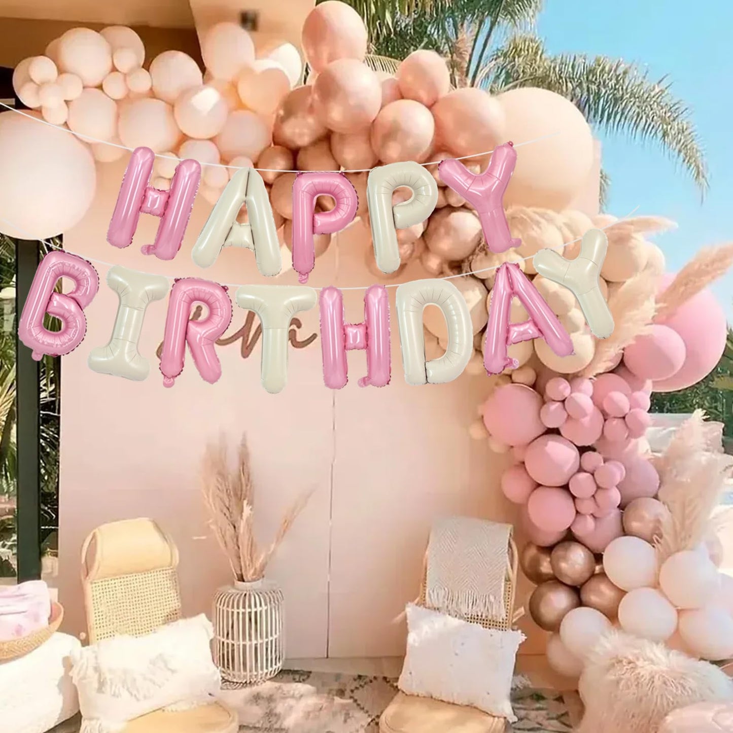 TONIFUL Happy Birthday Balloons with Ribbon Straw 16 Inch Mylar Letters Balloons Sign Banner Bunting Reusable for Girls Boys Kid