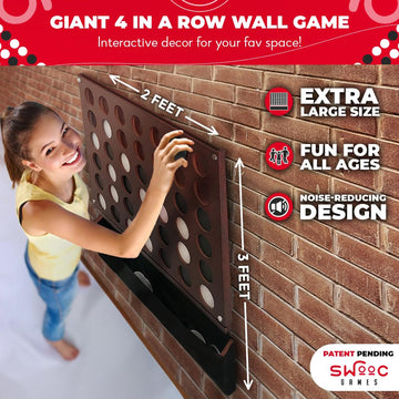 Swooc Games - Wall Mounted Giant 4 In A Row - 60% Quieter - Jumbo Size Wall Games - Game Room Game, Accessories And Decor - Gara