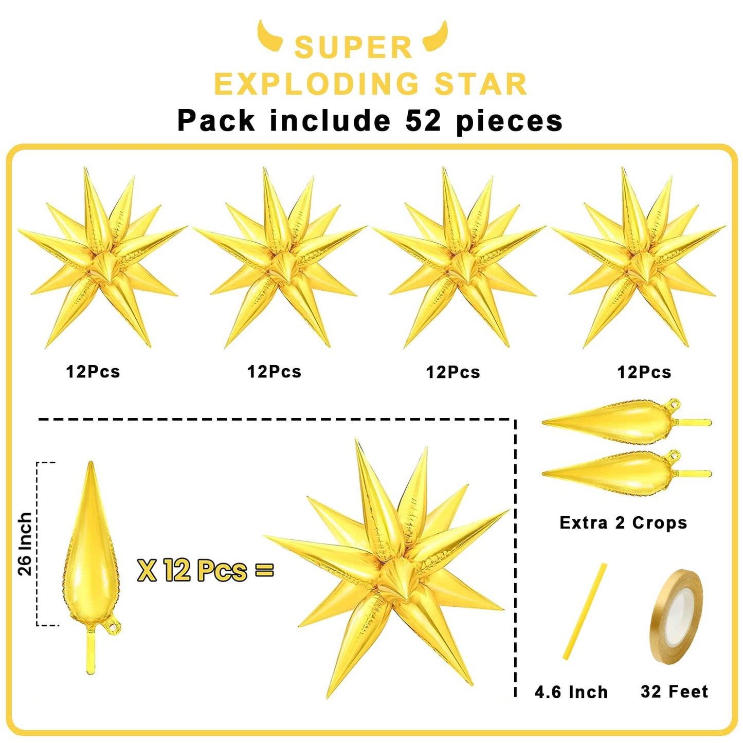 Funtoob Gold Balloons Star Balloons Metallic Star Foil Balloons Gold Star Cone Balloons Starburst Balloon Spike Balloons For Bir