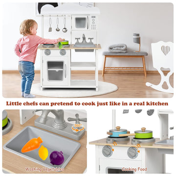 Costzon Kids Kitchen Playset, Wooden Pretend Toy Kitchen Set with Sink, Oven, Microwave, Stove, Pots, Utensils, Play Kitchen for