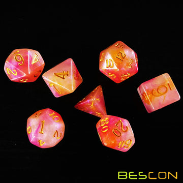 Bescon Magical Stone Dice Set Series, 7pcs Polyhedral RPG Dice Set RoseQuartz, Brick Box Packing