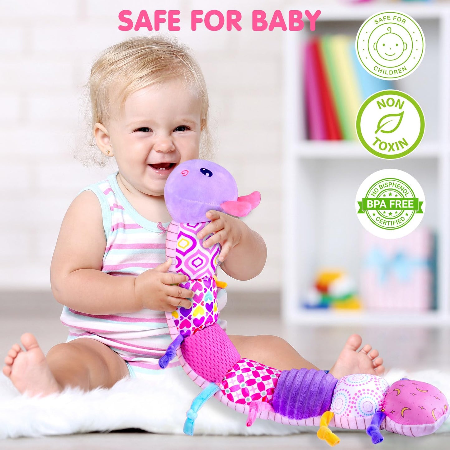 Kaeohye Baby Infant Musical Stuffed Animal Soft Toy With Multi-Sensory Crinkle, Rattle & Textures,Baby Girl Toy Birthday Gift For 0 3 6 9 12 Months+,Caterpillar,Purple
