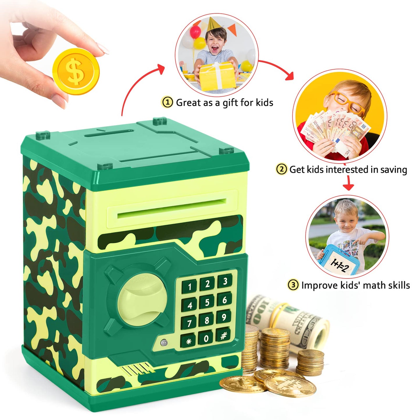 Atm Piggy Bank For Boys Girls, Vcertcpl Mini Atm Coin Bank Money Saving Box With Password, Kids Safe Money Jar For Adults With Auto Grab Bill Slot, Great Gift Toy Bank For Kids(Camouflage Green)