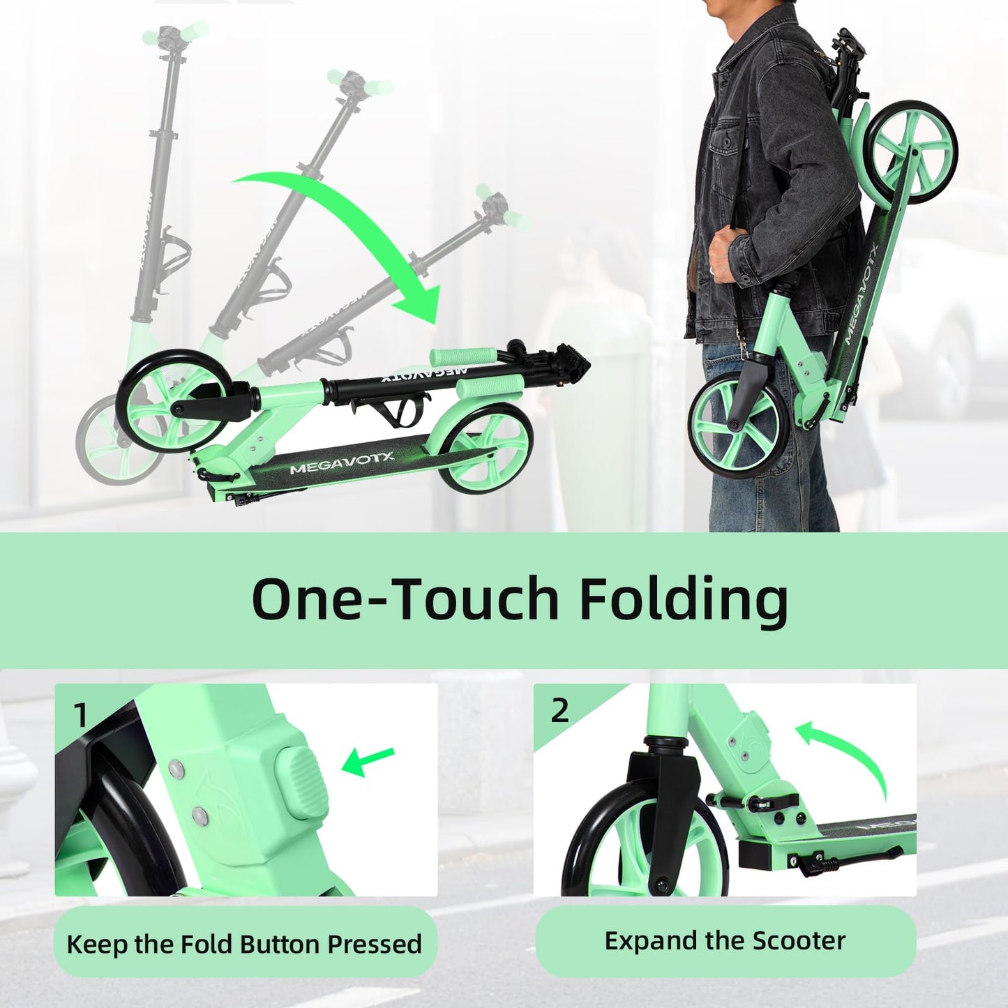 Megavotx Foldable Kids Scooter with 8 inch Sturdy Wheels - Scooters for Kids Teens mature-themeds Ages 6+ Adjustable Handlebar Gift for Boys&Girls 220lbs Max Load Capacity Bearing ABEC7 - (Green)