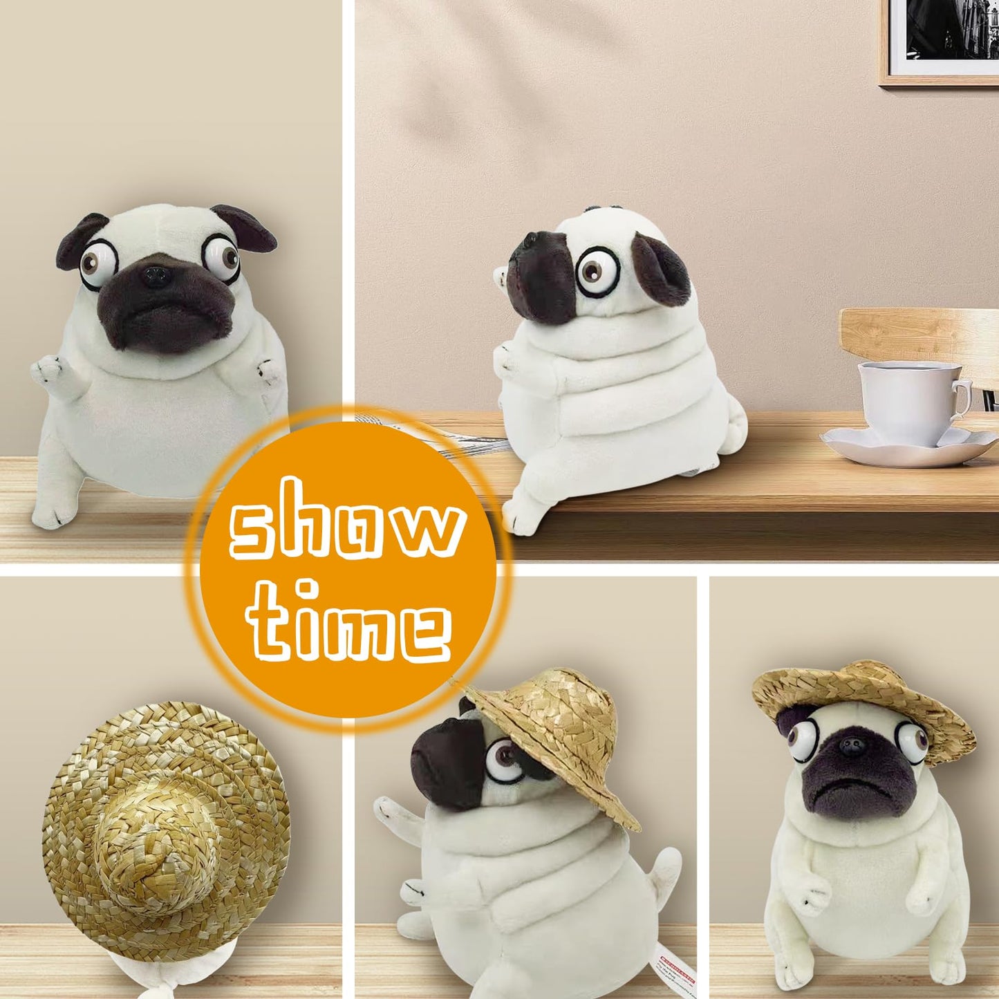 Cwzy Hilarious Pug Stuffed Animal With Straw Hat - 6' Funny Ugly Cute Pug Dog Plush Toy, Weirdo Stuffed Animal Pug Plushies For Kids Boys Adults Valentines Birthdays Gift