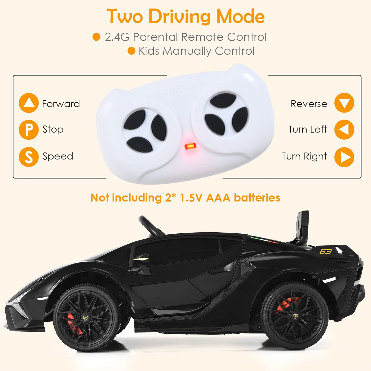 Olakids Kids 12V Licensed Lamborghini Sian Ride On Car, Electric Vehicle For Toddler With Control Remote, Battery Powered Toy With Music, Horn, 2 Speeds, Suspension, Led Lights, Bluetooth (Black)