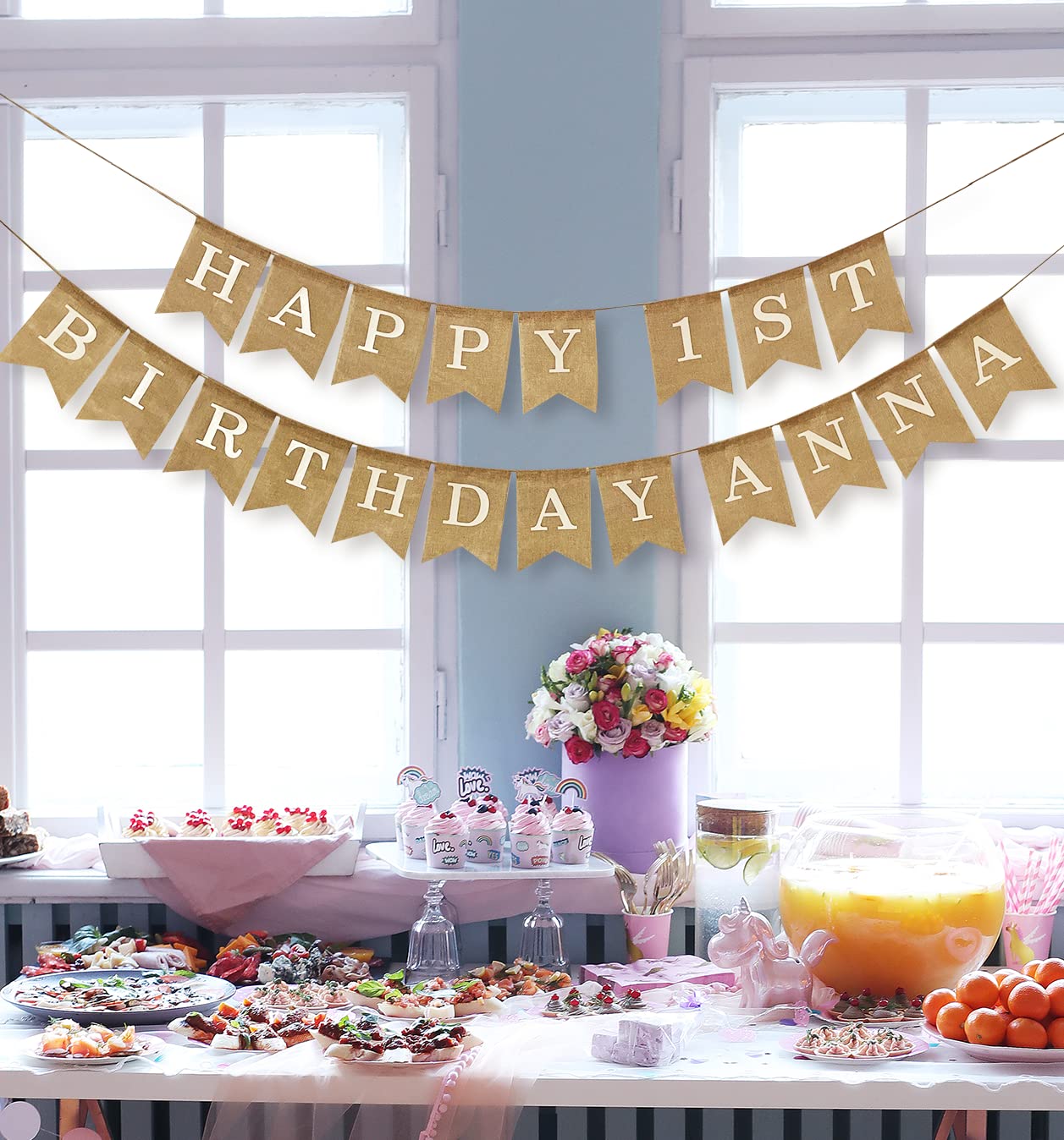 Custom Banner Kit, 97 Burlap Flags, White Printed Letters Numbers, 120Ft Twine String & Needle, Diy Customizable Personalized Ba