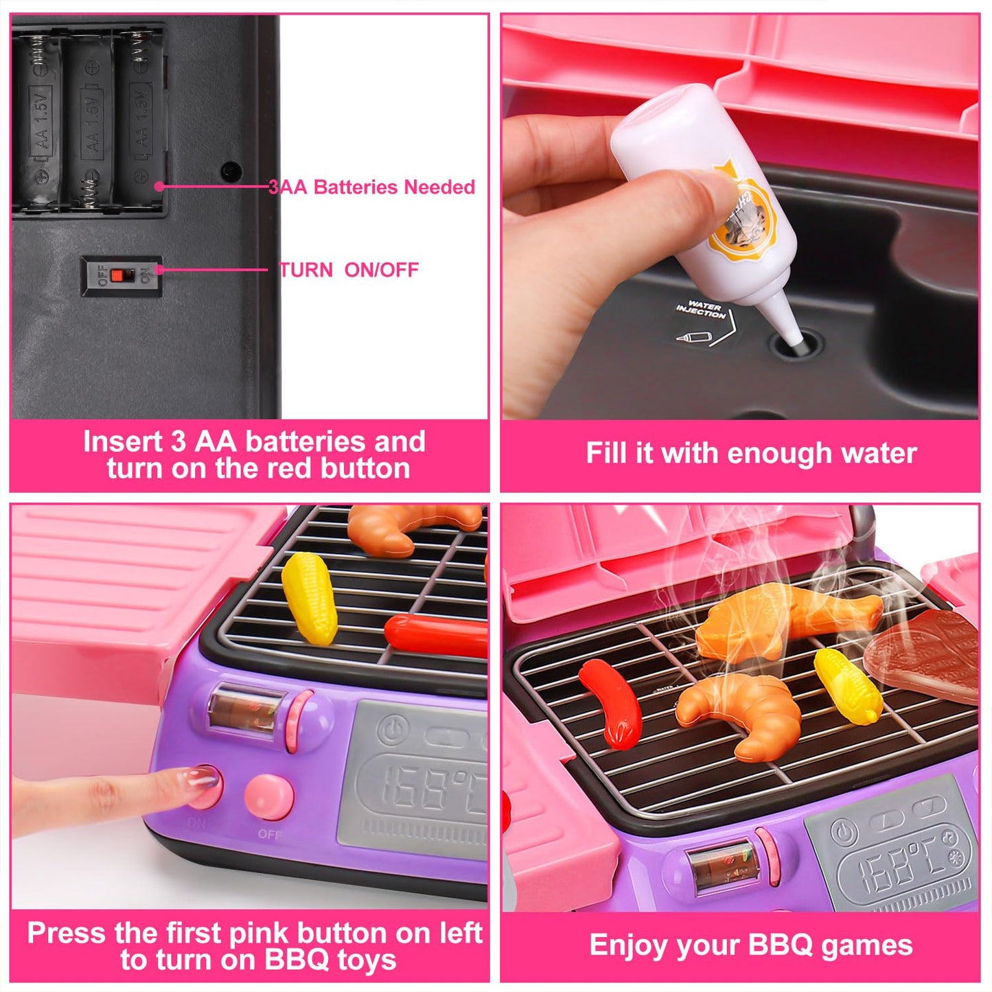 Kids BBQ Grill Playset with Coooking Apron Hat Toddler Girl Pink Kitchen Toy Ages 2-4 3-5 4-8 Pretend Smoke Sound Light Outdoor