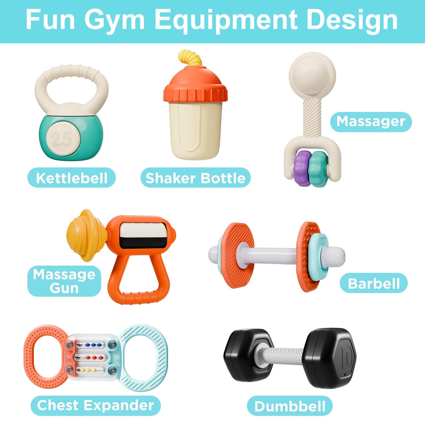 Iplay, Ilearn Baby First Gym Rattle Set, Infant Dumbbell Weights Teething Rattles 3-6-12 Month, Newborn Workout Sensory Stroller Toy, Babies Birthday Shower Gift 5 7 8 9 10 Month Toddler Boy Girl-7Pcs