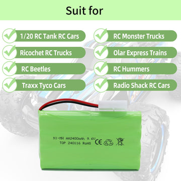 Tosiicop 9.6V 2400mAh NiMH Battery - RC Car Rechargeable Battery AA with Tamiya KET-2P Plug and USB Charge Cable for RC Car Spar