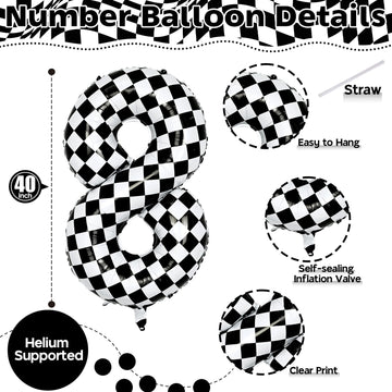 Isndare Foil Number 8 Balloon, 40 Inch Checkered Helium Racing Decor, Self-Inflating Black and White for Boys Birthday Party
