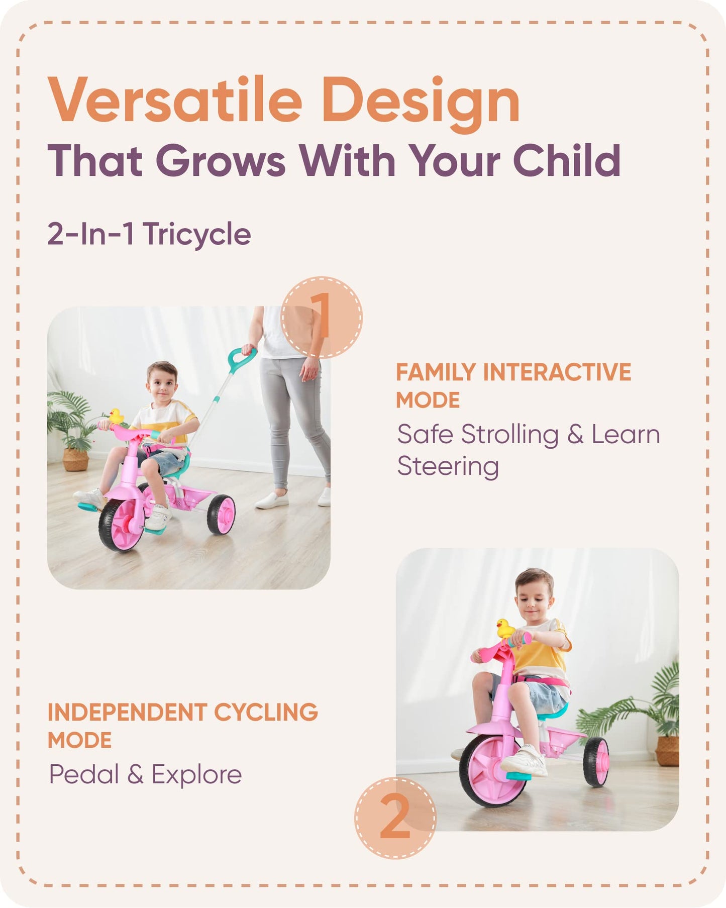 KRIDDO 2 in 1 Kids Tricycles Age 18 Month to 3 Years, EVA Wheels Upgraded, Gift, Trikes for Toddlers 2 to 3 Year Old with Push H