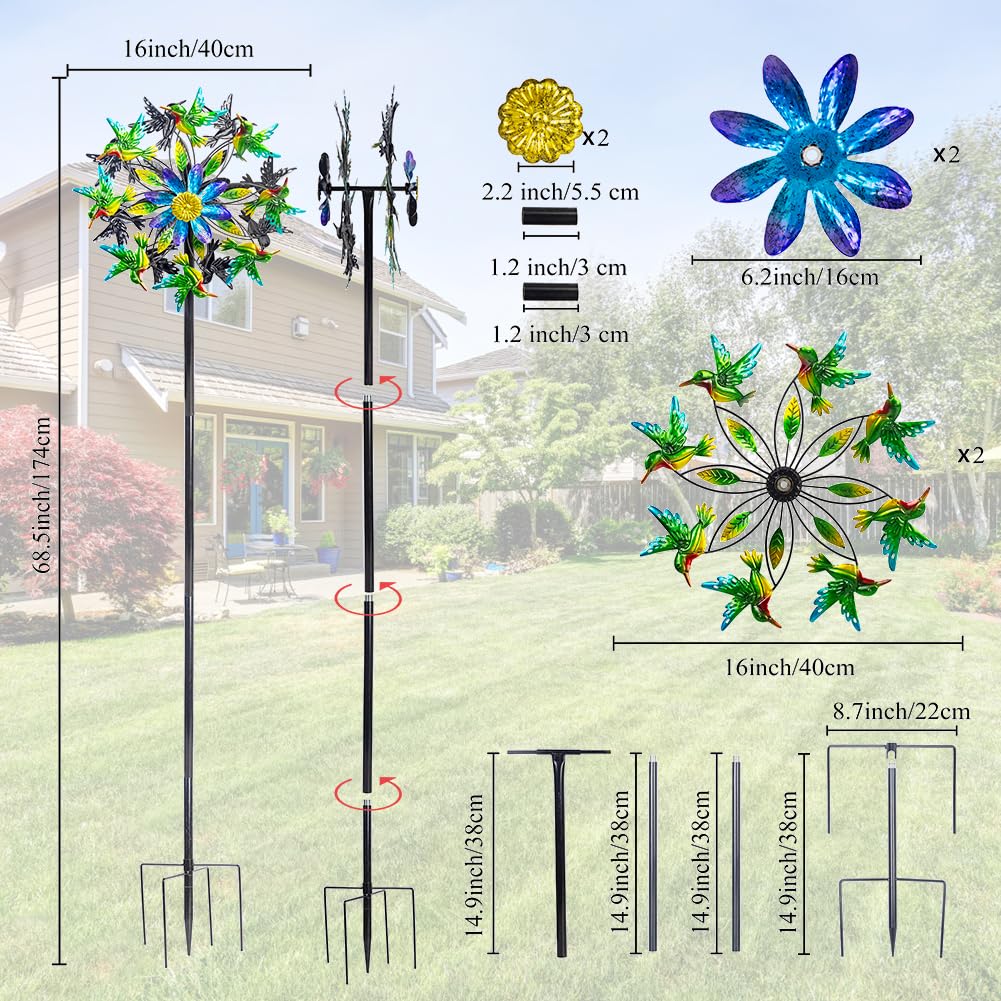 Venniy Hummingbird Wind Spinner, Metal Outdoor Wind Sculptures & Spinners, 68.5 Inch Double Windmill Spinner For Yard Lawn Garde