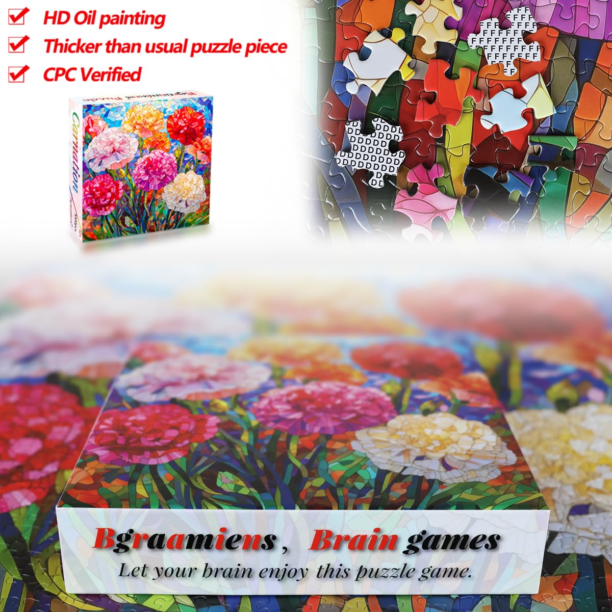 Bgraamiens Puzzle-Carnation-1000 Pieces Stained Glass Puzzle For Adults, Stained Glass Flowers Art Puzzle With Blooming Carnations, Impossible Puzzle Color Challenge Puzzle For Adults