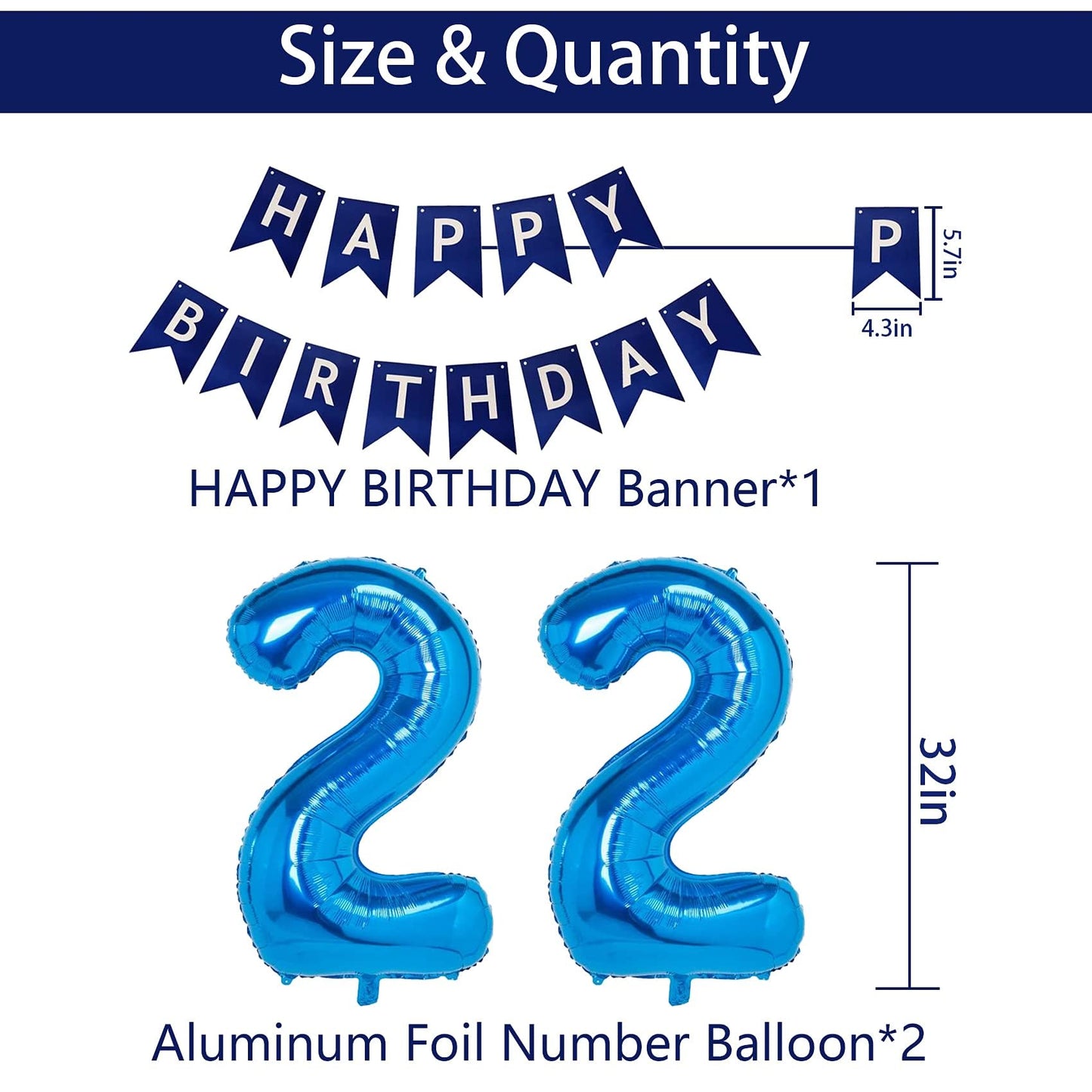 Naninuneno 22Nd Blue Birthday Party Decorations For Boy Girl Men Women, Happy 22 Birthday Balloons Supplies With Happy Birthday