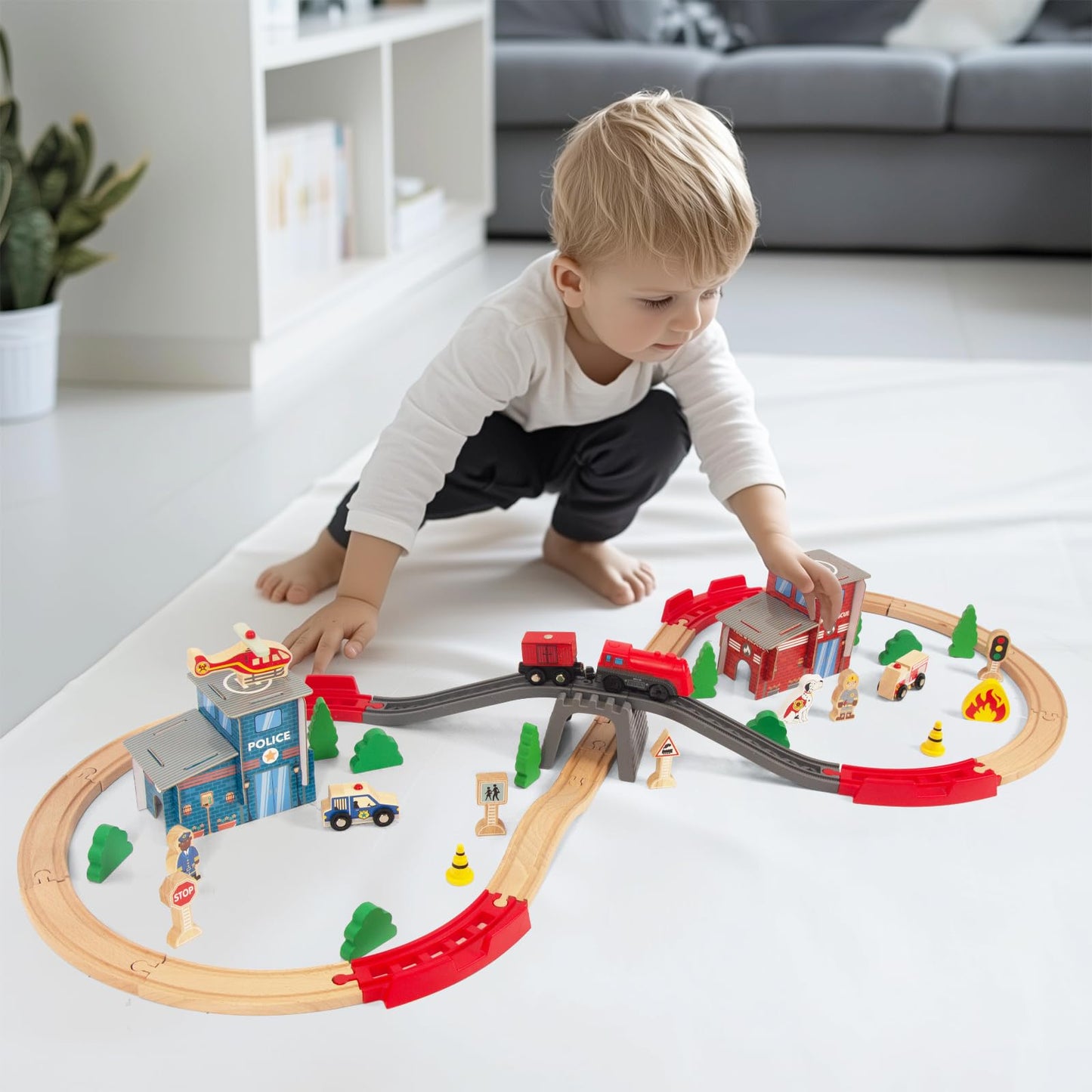 Woodenedu Wooden Train Set For Toddler - 60 Pcs- With Wooden Tracks Fits Thomas, Fits Brio, Fits Chuggington, Fits Melissa And D