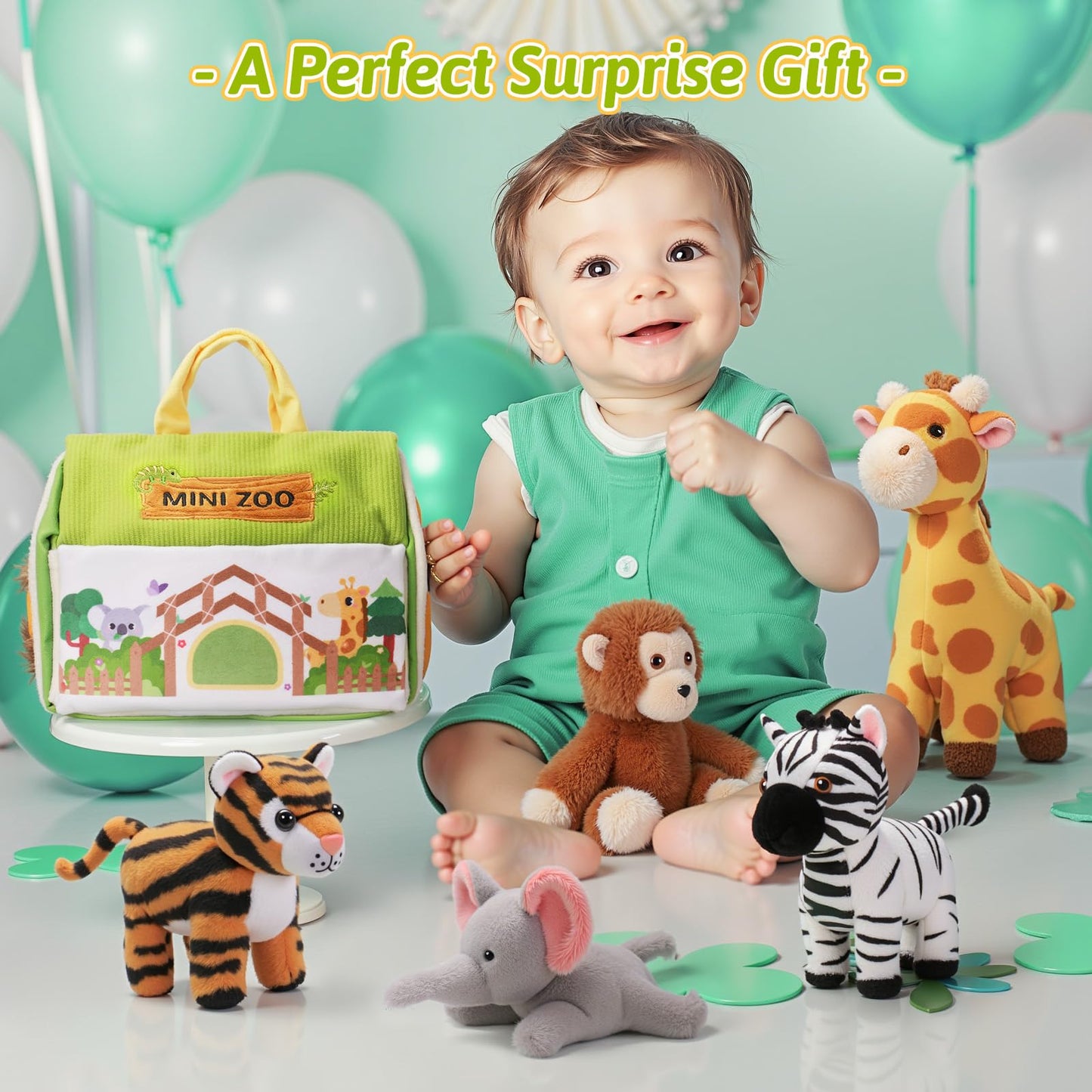 OUOZZZ Mini Zoo Stuffed Animals Set - Interactive Plush Toys, Safe & Washable, 9.8", Includes Tiger, Giraffe, Elephant, Zebra & Monkey