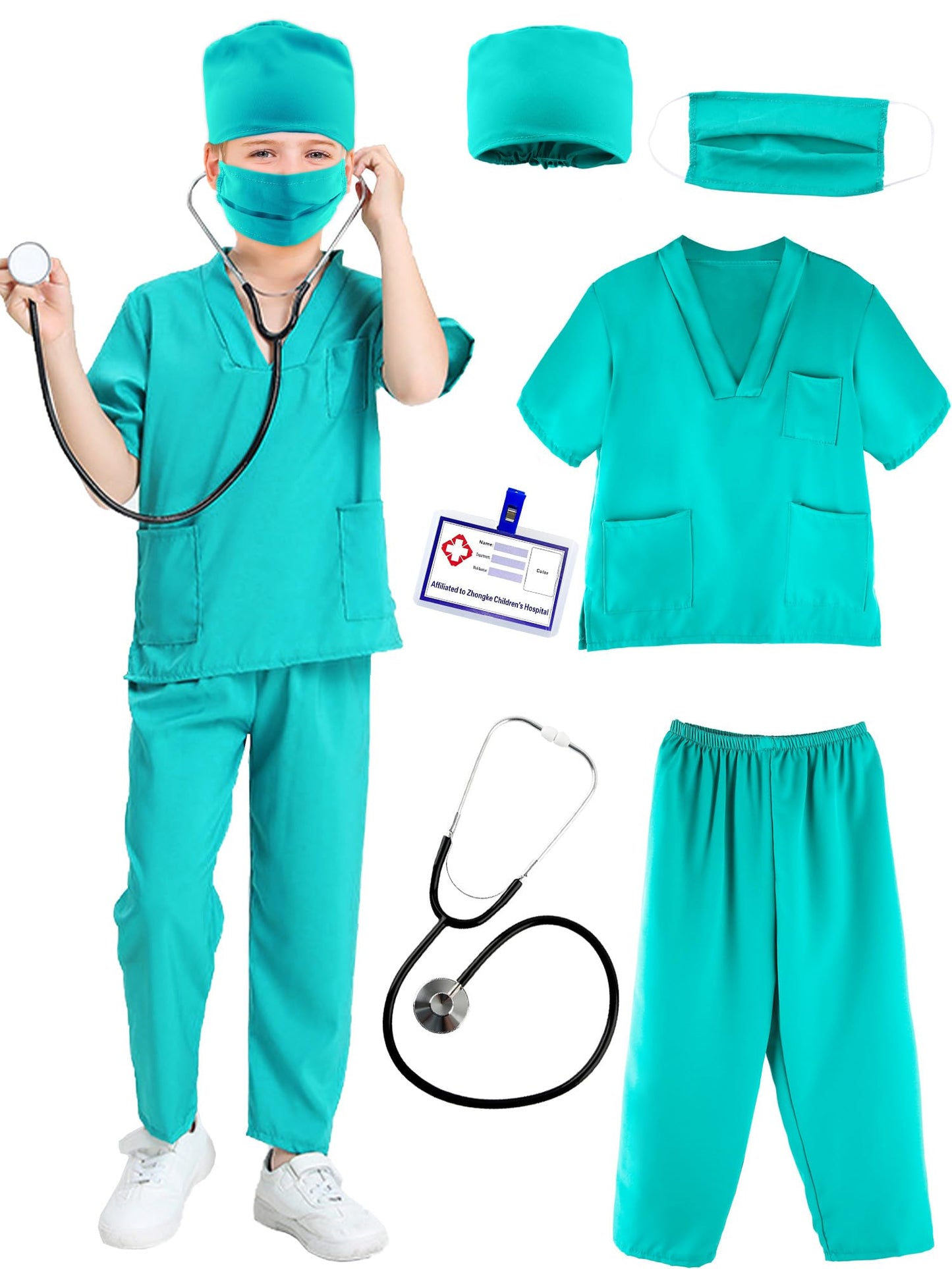 Puteraya Kids Doctor Scrubs Costume Set Doctor Surgical Suit Uniform For Boys Girls Dress Up Halloween Cosplay (Green, 10-12 Yea