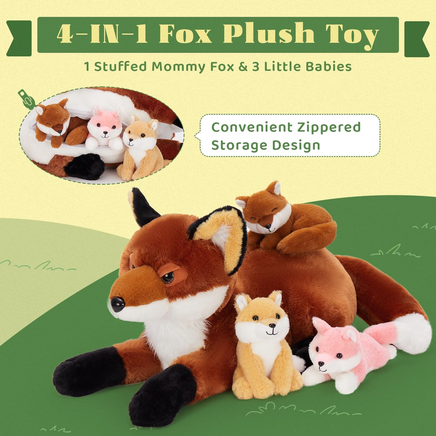 Beniny 4Pcs Fox Stuffed Animal Set, Large Mommy Red Fox Plush 22 Inch With 3 Baby Foxes In Her Zippered Tummy, Stuffed Fox Plush