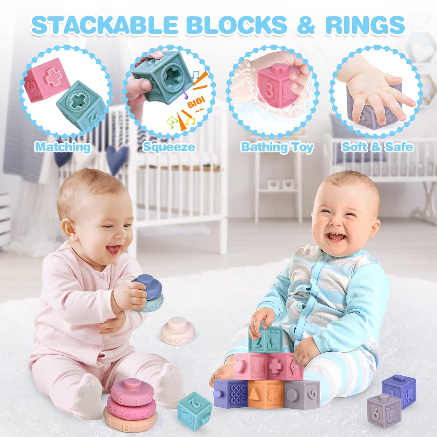 5 In 1 Montessori Toys For Babies 0-3-6-12 Months, Soft Baby Teething Toys, Sensory Bin Toy, Stacking Building Blocks & Rings For Infants,Developmental Toys For Toddler,Gift For Baby 12-18 Months