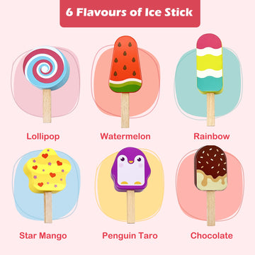 Wooden Ice Cream Toy for Kids, Toddler Pretend Play Food Ice Lolly Pops Set, Preschool Educational Toys and Gifts for Kids Age 3