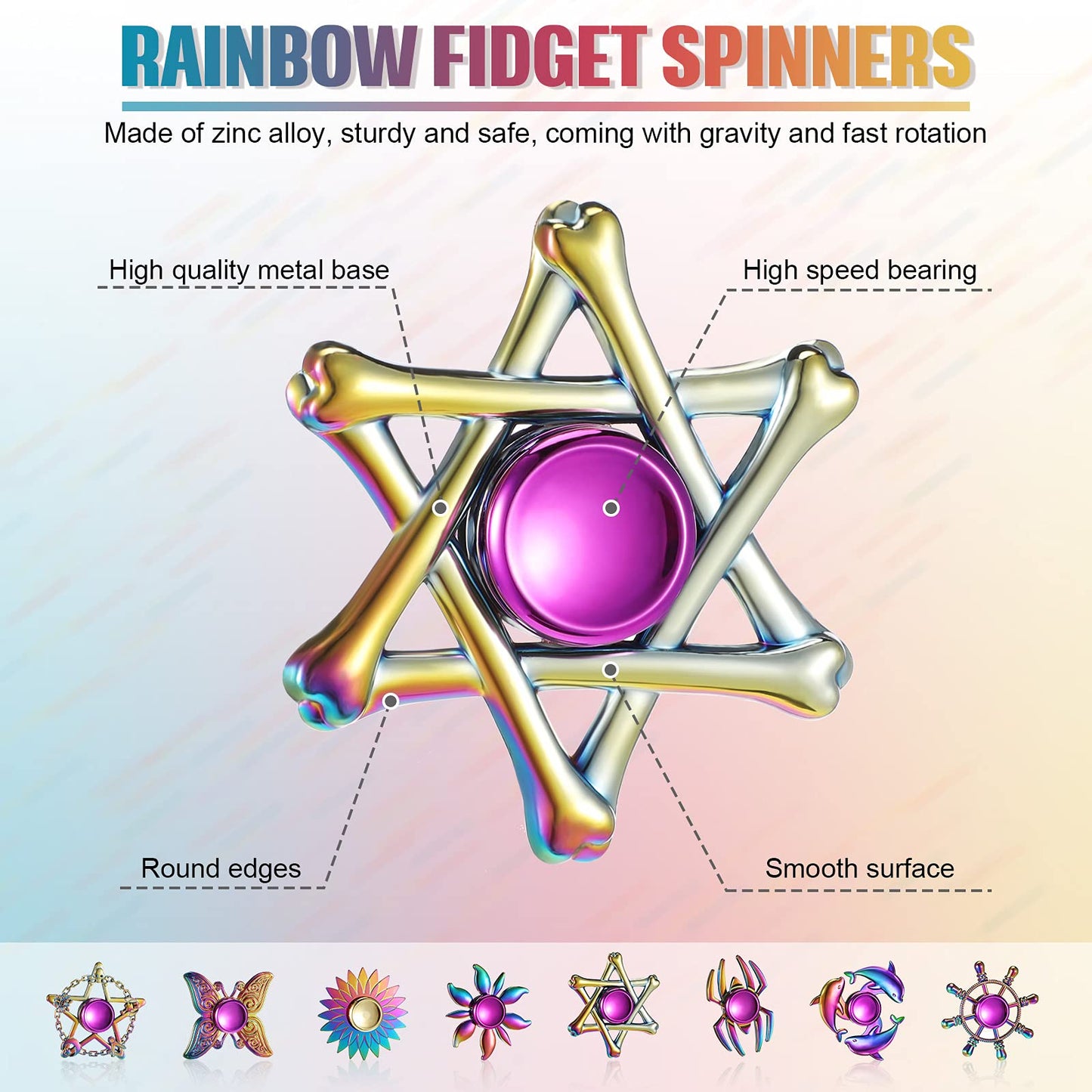 8 Pieces Rainbow Metal Spinner Cool Finger Spinners High Speed Hand Spinners Toys For Stress Anxiety Gift For Adults And Teens (Cool Style)
