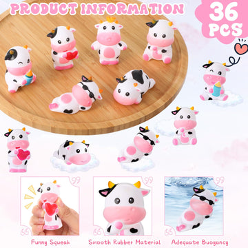 Jenaai 36 Pcs Cute Rubber Cows Bulk Squeak Floating Cow For Kids Bath Toys Rubber Animals Swimming Shower Bathtub Toy Favors For