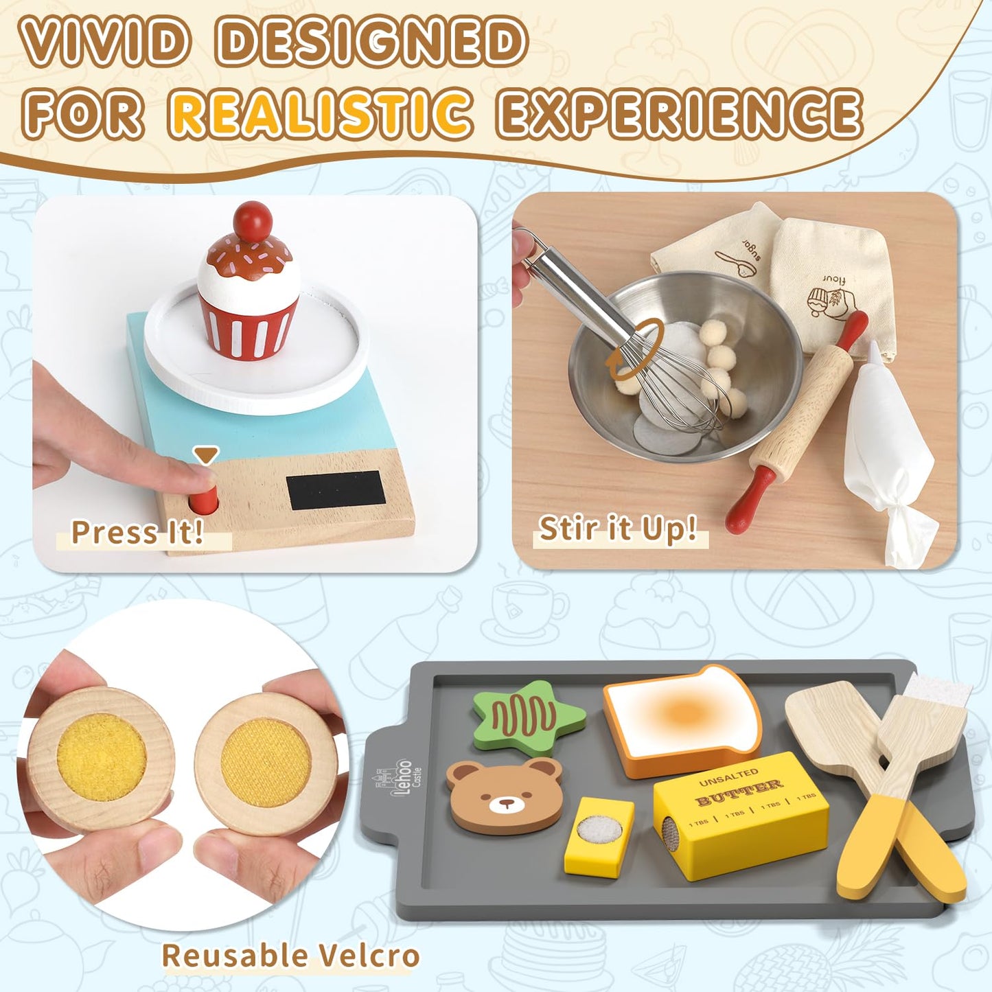 Lehoo Castle Play Food Set for Kids Kitchen, Play Kitchen Accessories Wooden, Kids Baking Set for Boys, Toys Cupcakes and Cookie
