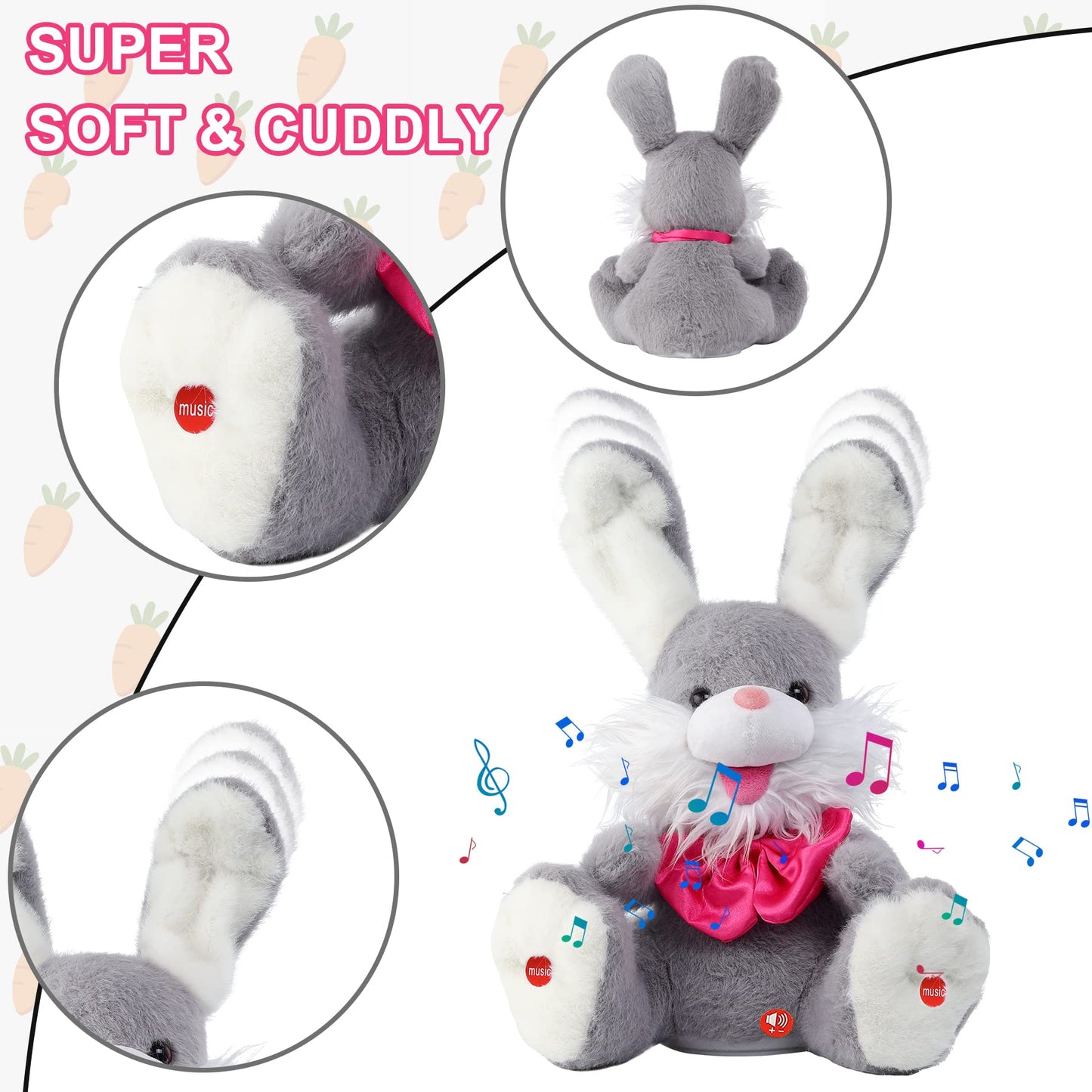 Miaodam Peek-A-Boo Bunny Toy For Toddlers 1-3, Talking Stuffed Animal Repeats Your Words, Sings Children Songs & Lullabies, Interactive Plush With Floppy Ears (Grey)
