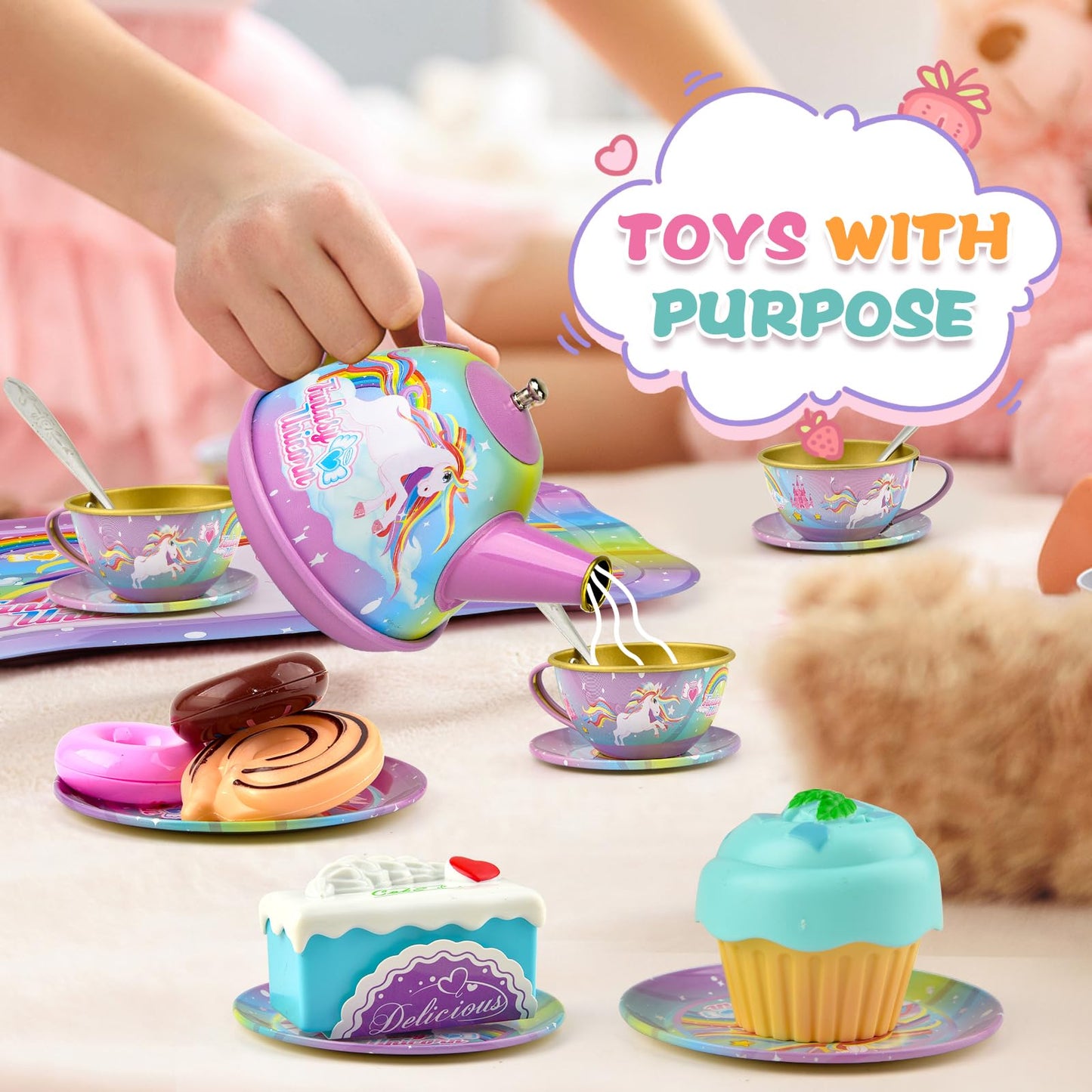 Unicorn Tea Party Set for Little Girls, Unicorn Tea Set Toys for Girls Age 3 4 5 6 Year Old, Toddler Kids Kitchen Pretend Play T