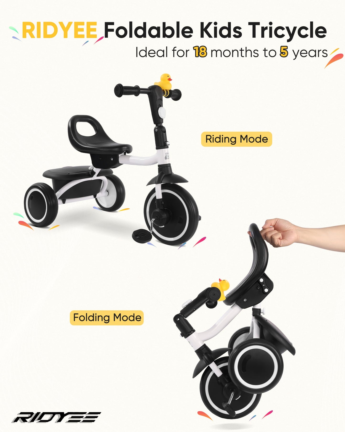 RIDYEE Toddler Tricycle for 18 Months to 5 Years, Foldable Tricycles for 3-5 Year Olds, Kids Tricycle with Adjustable Carry-Frie