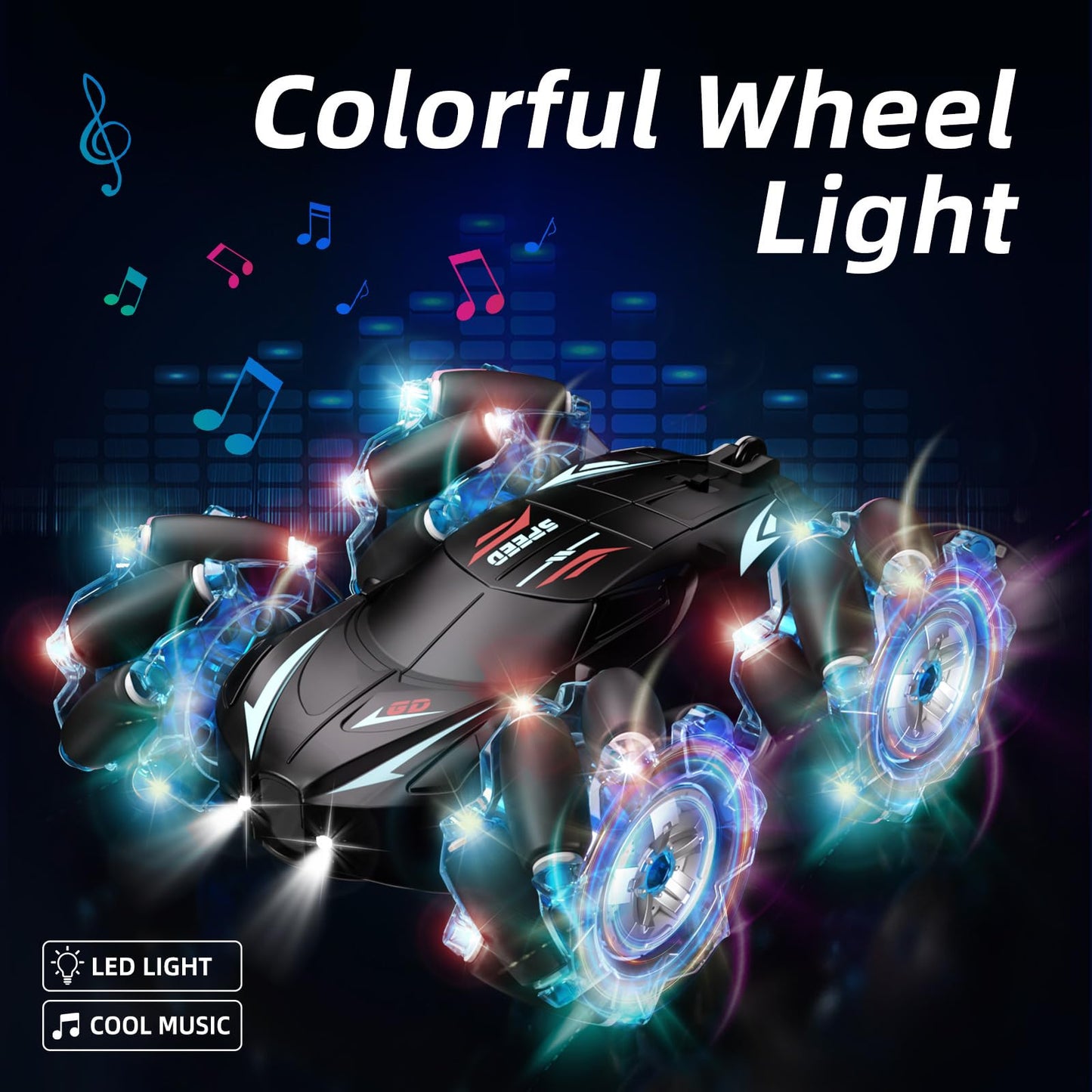 Jovow RC Stunt Car, 2.4GHz 4WD Gesture Sensing Remote Control Car with Cool Light and Music, Double-Sided 360 Flips RC Cars for