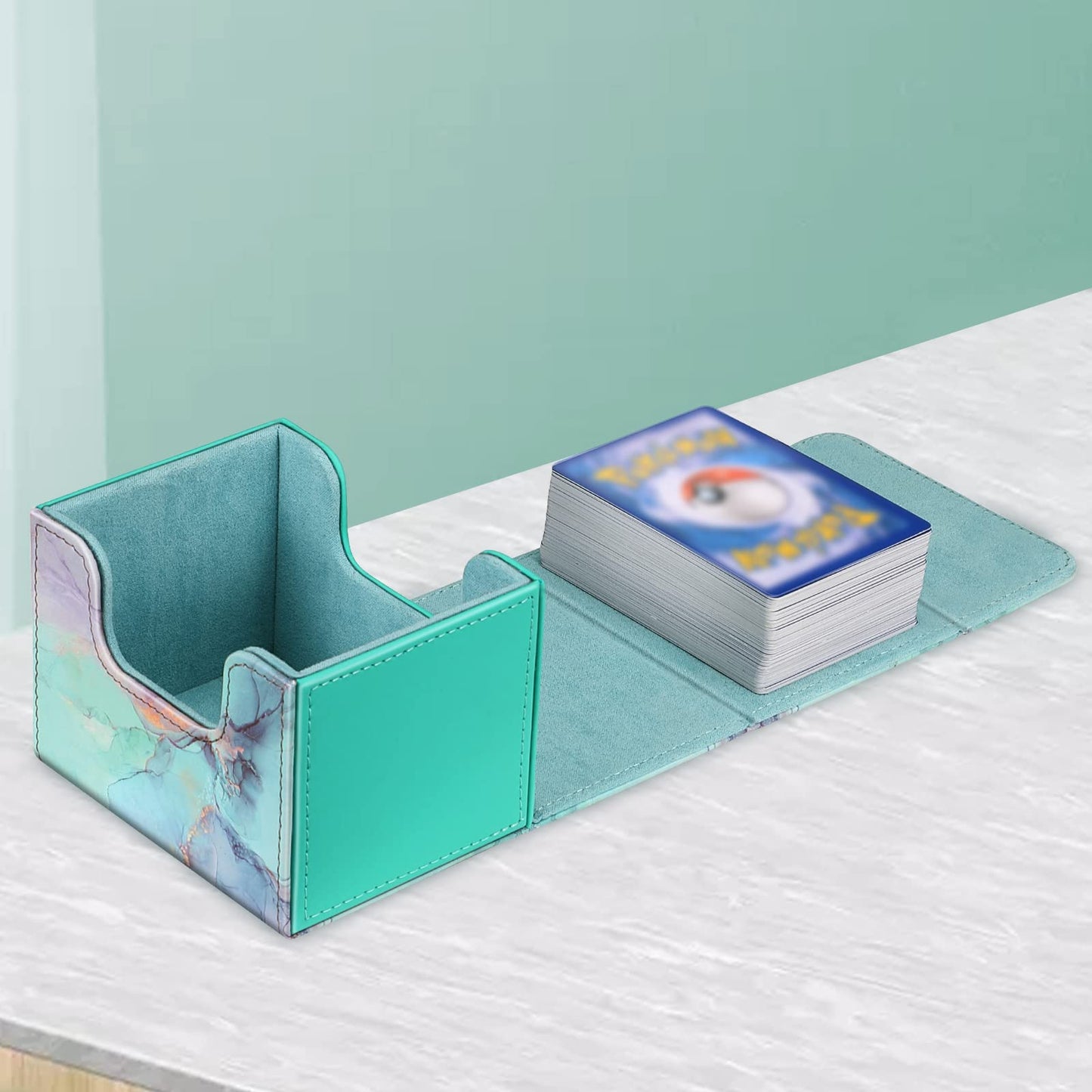 CaseBot Card Deck Box - Magnetic Game Card Case for 180+ Cards, Emerald Marble, Leather Divider