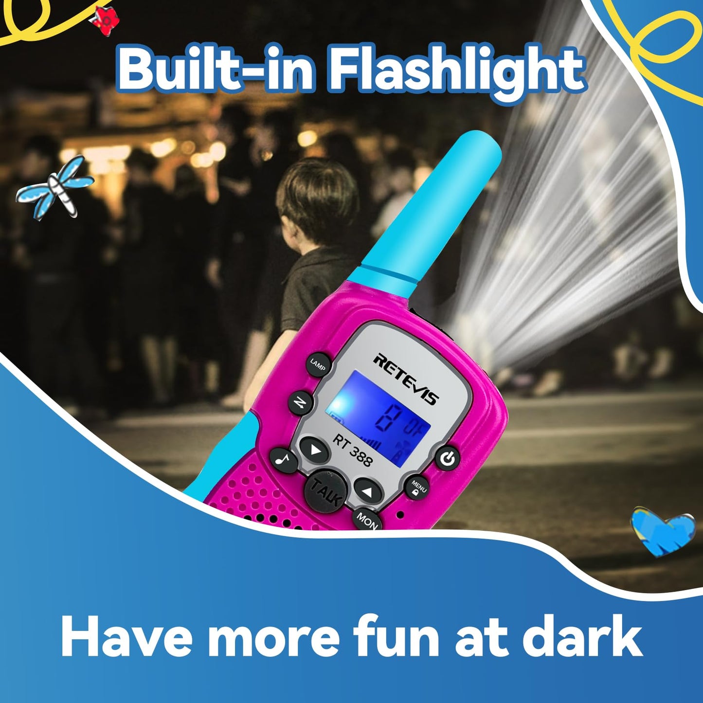 Retevis RT388 Kids Walkie Talkies - 2 Way Radio, 22 CH, Clear Sound, Flashlight, Blue Pink, Toys for 6-12 Year Olds, Outdoor Games