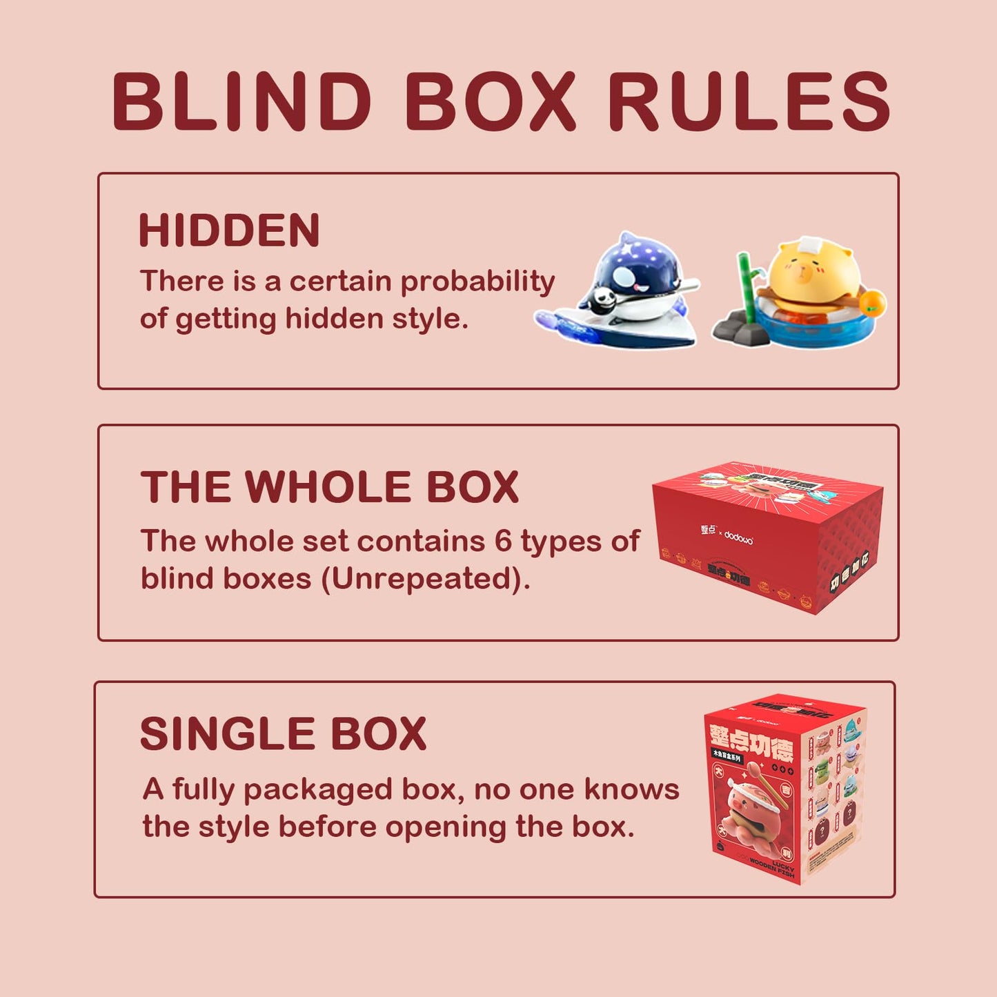 Beemai Lucky Wooden Fish Series 6Pcs (Set Of 6 No Repeat) Blind Box Random Design Cute Figures Collectible Toys Birthday Gifts