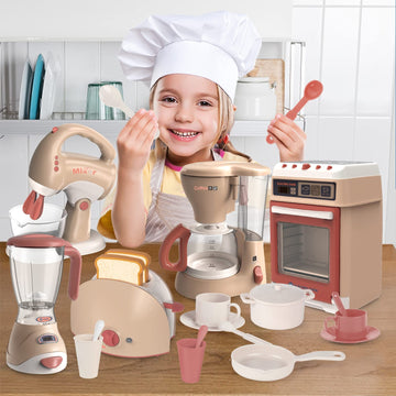 Yalujumb Play Kitchen Toys, Pretend Play Kitchen Appliances Toy Set With Coffee Maker, Mixer, Toaster With Realistic Lights& Sou