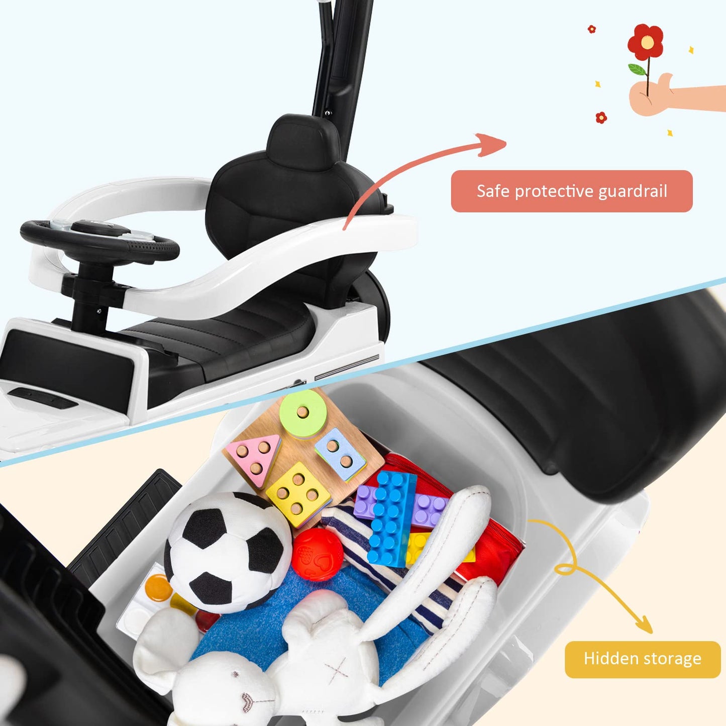 Costzon Push Car For Toddlers, 3 In 1 Mercedes Benz Stroller Sliding Walking Car W/Canopy, Handle, Armrest Guardrail, Underneath Storage, Horn Sound, Foot-To-Floor Ride On Toy For Boys Girls (White)