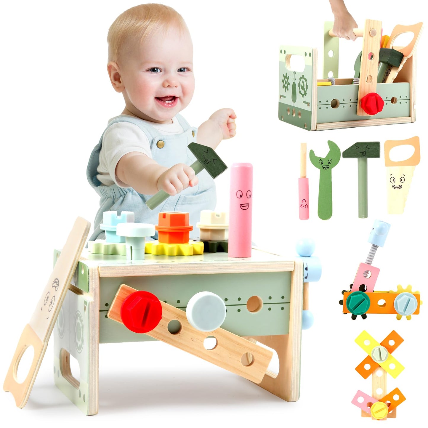 Asweets Kids Tool Set, Wooden Toddler Tool Bench with Box, Montessori STEM Educational Pretend Play Construction Toys, Birthday