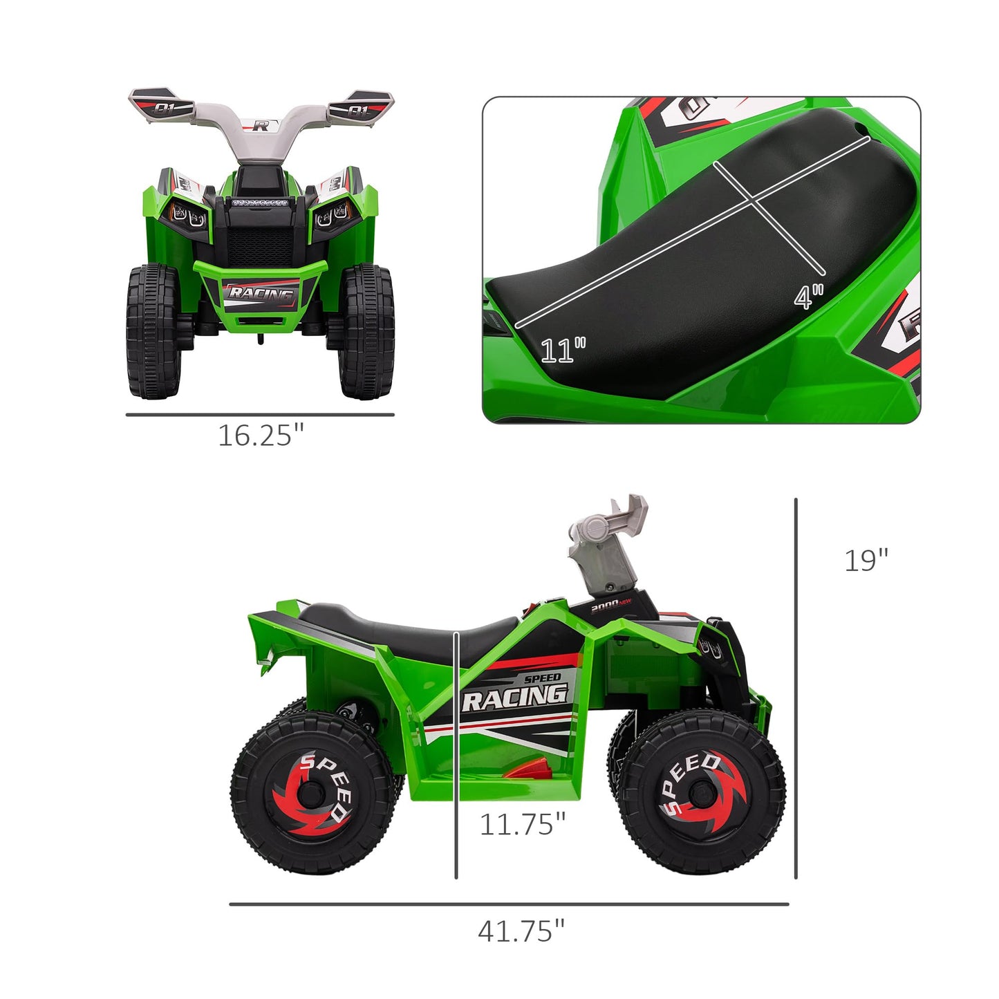 Aosom Kids Atv Quad Car, 6V Four-Wheeler Ride On Toy For Kids With Forward Backward Function, Wear-Resistant Wheels For Toddlers Ages 18-36 Months, Green