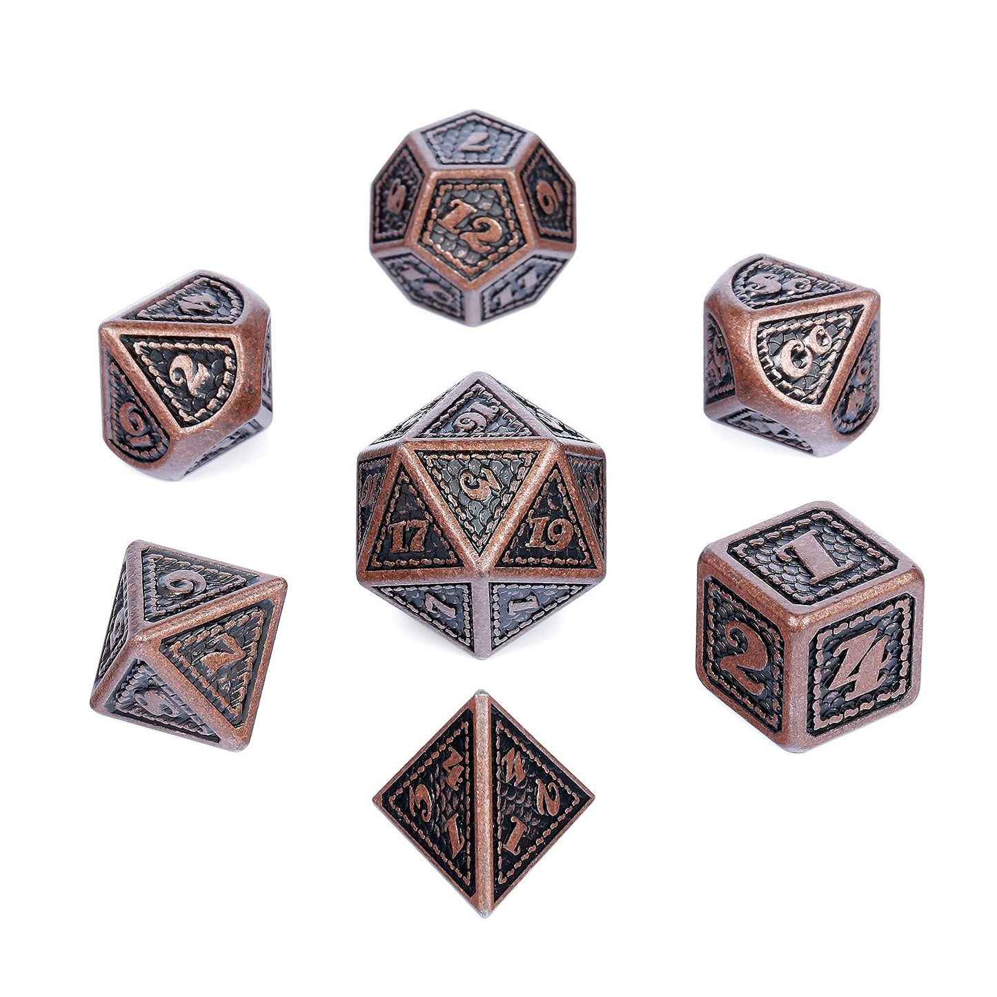 DNDND Metal Dice Set Dragon Scale 7 PCS Polyhedral Metallic Die with Gift Metal Case for DND Dungeons and Dragons D&D (Ancient C