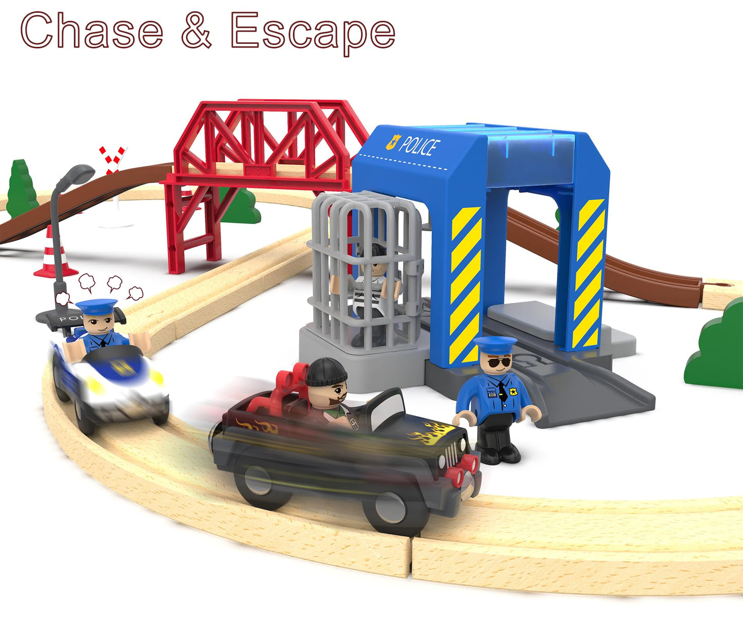 Wooden Train Set For Toddlers, 52Pcs Train Toy With Railway Track For Kids, Wooden Train Tracks Include Expansion Pack Compatible With Thomas, Brio, Chuggington