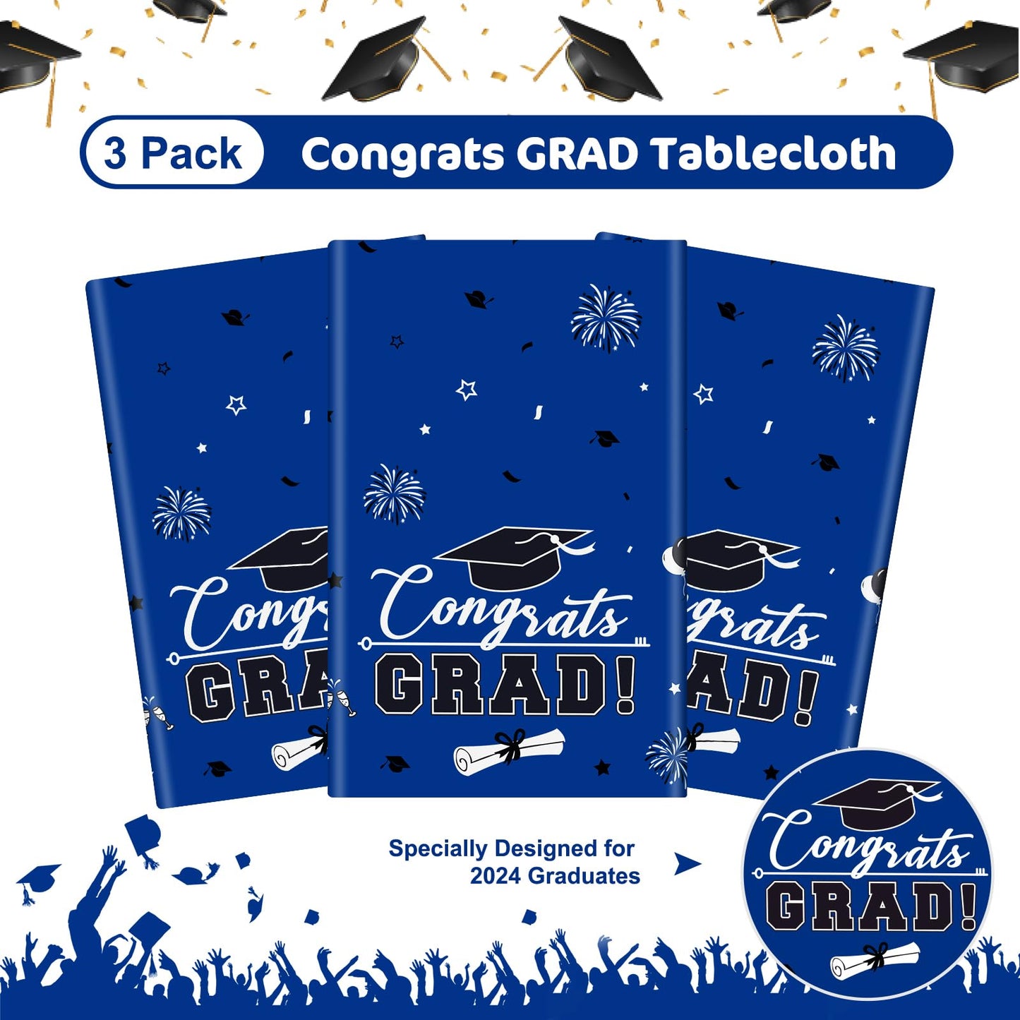 3 Pcs Graduation Tablecloth - Congrats Grad Table Cloth For Class Of 2024, Disposable Plastic Rectangle Grad Table Cover For Graduation Party Decorations 2024 And Party Supplies, 54 X 108 Inch (Blue)